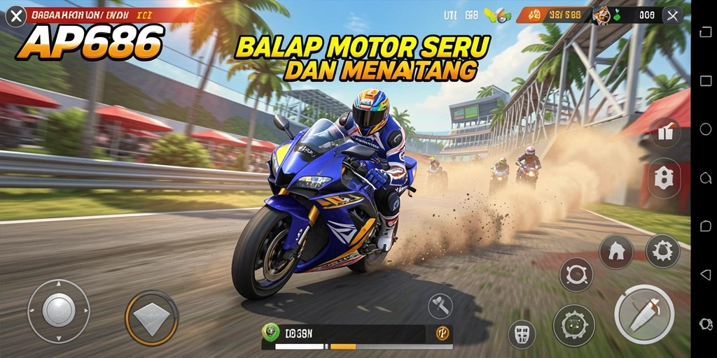 Screenshot utama AP686 menampilkan aksi balap motor yang intens dan mendebarkan.