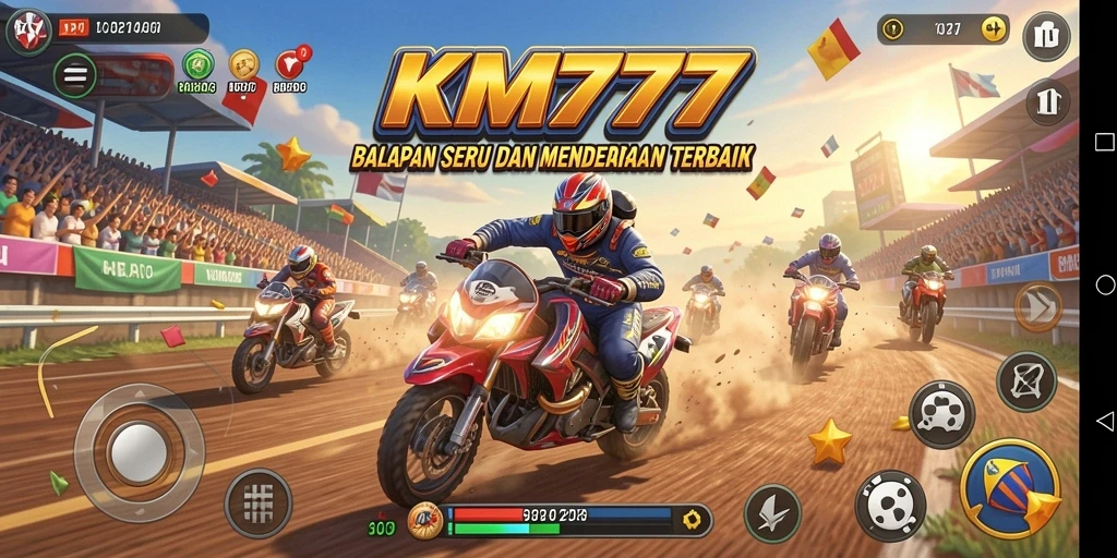 Tampilan gameplay KM777 yang menegangkan saat balapan di lintasan.