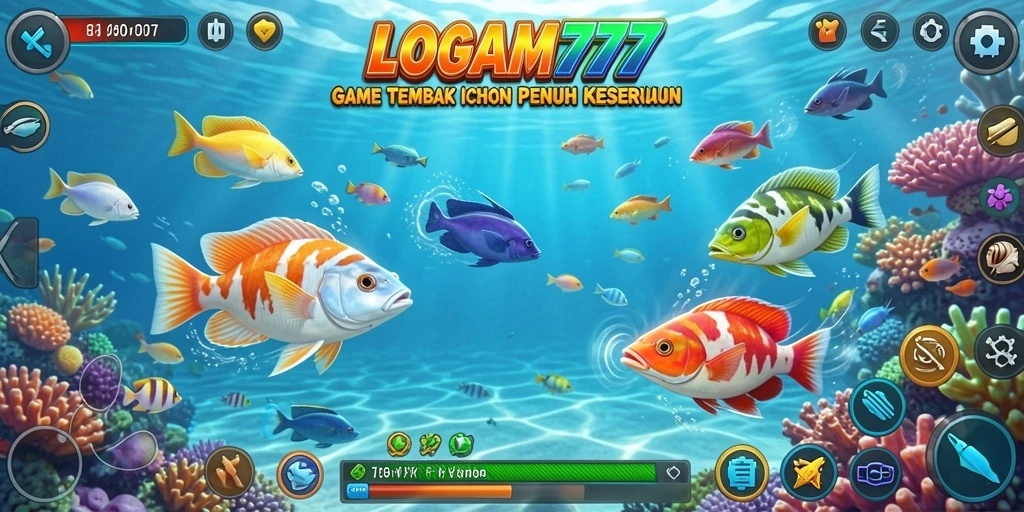 Screenshot gameplay LOGAM777 menampilkan momen menembak ikan di bawah laut.