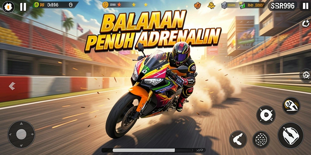 Screenshot SR996 menampilkan aksi balapan motor yang seru dan intens.