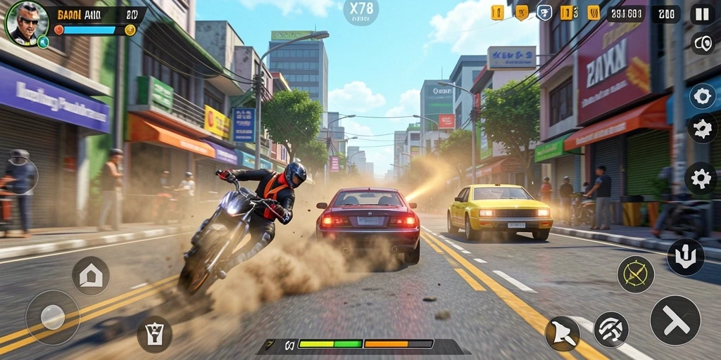 Screenshot gameplay X78 yang menampilkan aksi balapan mendebarkan.